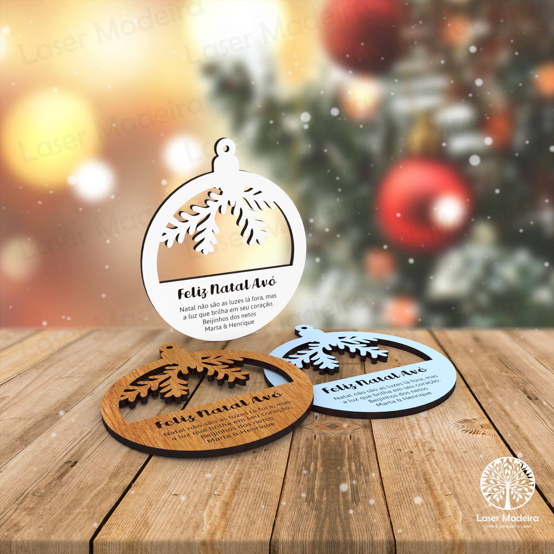 Bola de Natal Personalizada com Mensagem / Nome (sem fundo) - Laser Madeira